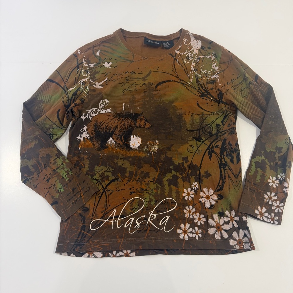 Prairie Mountain‎ Women’s Alaska Bear Nature Long Sleeve Shirt L Floral Cotton